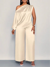 Load image into Gallery viewer, Women Satin Two Piece Set One Shoulder Asymmetrical Single Flared Sleeve Blouse Straight Wide Leg Pants Elegant Matching Set