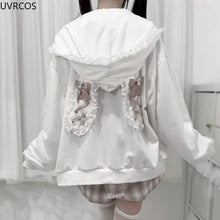 Load image into Gallery viewer, Japanese Gothic Style Y2k Lace Bunny Hooded Coat Women Sweet Pearl Gauze Patchwork Jackets Oversized Harajuku Kawaii Zipper Top