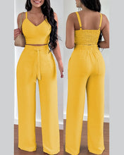 Cargar imagen en el visor de la galería, 2 Piece V-Neck Strap Shirred Slim Crop Top & Lace-up Wide Leg Pants Sets