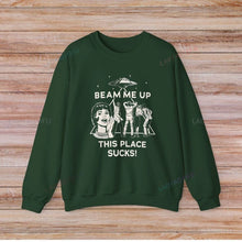 Load image into Gallery viewer, Beam Me Up This Place Sucks Stranger Long Sleeve Sweatshirt Alien UFO Abduction Retro Quote Autumn and Winter Matching Hoodies