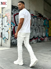 Load image into Gallery viewer, Men's White Denim Stacked Ripped Slim Flared Jeans