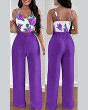 Cargar imagen en el visor de la galería, 2 Piece V-Neck Strap Shirred Slim Crop Top & Lace-up Wide Leg Pants Sets