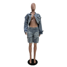 Lade das Bild in den Galerie-Viewer, Shorts Pant Set Women Two Piece Sets Denim Turn Down Collar Matching Sets Tops Knee Length Pants High Waist Y2k Streetwear