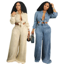 Lade das Bild in den Galerie-Viewer, Women Club Party Lace-up Shirt Top and Wide Leg Pants Set