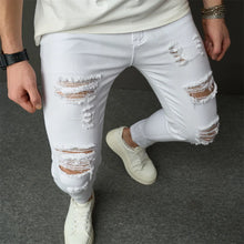 Cargar imagen en el visor de la galería, Pantalones vaqueros ajustados elásticos de estilo sencillo para hombre, pantalones vaqueros ajustados con agujeros, desgastados y lisos