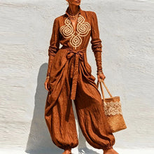 Load image into Gallery viewer, Women Jumpsuit Stand Collar V‑Neck Ethnic Long Sleeve Belted Waist Harem Balloon Pants Jumpsuit
