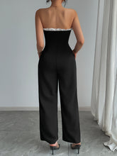 Load image into Gallery viewer, Women Black Strapless White Ruffle Trim Wide Leg Jumpsuit