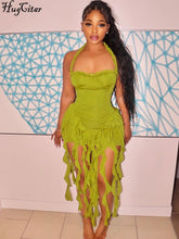 Lade das Bild in den Galerie-Viewer, Hugcitar Elegant Halter Solid Ruffles Backless Taseel Mini Dress