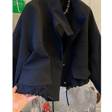 Load image into Gallery viewer, Standing Collar Short Hem Drawstring Trench Coat