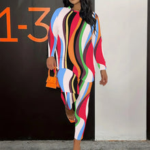 Load image into Gallery viewer, Women's Long Sleeved Two-Piece Set, Fashionable Striped Printed Retro Style Two-Piece Set.