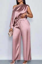 Load image into Gallery viewer, Women Satin Two Piece Set One Shoulder Asymmetrical Single Flared Sleeve Blouse Straight Wide Leg Pants Elegant Matching Set