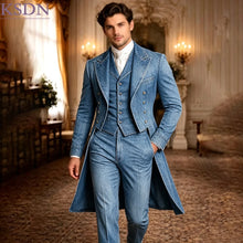 Load image into Gallery viewer, Fashion Men's Suits Customized Denim Frock-Tailcoat High Quality 3 Piece Jacket Pants Vest High Quality Male Clothing Terno