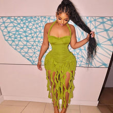 Lade das Bild in den Galerie-Viewer, Hugcitar Elegant Halter Solid Ruffles Backless Taseel Mini Dress