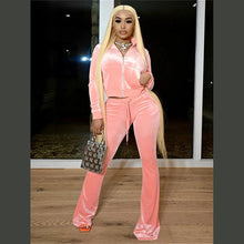 Load image into Gallery viewer, Kliou Solid Velour Two Piece Set Women Simple Casual Zipper Long Sleeve Turtleneck Top+Bandage Lace Slim Female Wide Leg Pants