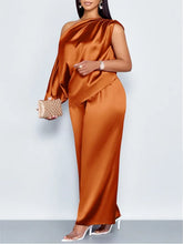 Load image into Gallery viewer, Women Satin Two Piece Set One Shoulder Asymmetrical Single Flared Sleeve Blouse Straight Wide Leg Pants Elegant Matching Set