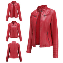 Load image into Gallery viewer, Faux Leather Motorcycle Jacket for Women, Female Coat, Moto Biker, Purple, Black, Zipper windproof jacket leather jacket