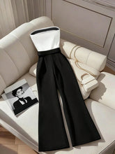 Load image into Gallery viewer, Women's Black White Jumpsuit Square Neck Contrast Trim Ideal for Evening Events Parties Elegant Styles