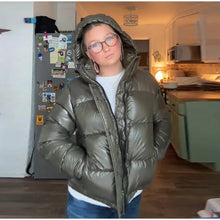 Load image into Gallery viewer, Fashion Shiny Solid Hooded Quilted Jacket Women Stand Collar Long Sleeve Zipper Pocket Street Warm Coat 2026 Winter Lady Outwear