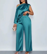 Load image into Gallery viewer, Women Satin Two Piece Set One Shoulder Asymmetrical Single Flared Sleeve Blouse Straight Wide Leg Pants Elegant Matching Set