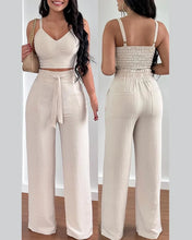 Cargar imagen en el visor de la galería, 2 Piece V-Neck Strap Shirred Slim Crop Top & Lace-up Wide Leg Pants Sets