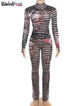 Cargar imagen en el visor de la galería, Conjunto de 2 piezas con estampado estético de gatitos raros para mujer, sexy, transparente, de cuello alto, top corto y pantalones a rayas, elástico, fino, para club.
