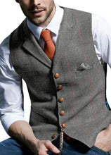 Load image into Gallery viewer, Mens Suit Vest Notched Plaid Wool Herringbone Tweed Waistcoat Casual Formal Business Groomman For Wedding