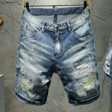 Load image into Gallery viewer, Men Summer Blue Shorts Jeans Holes Denim Shorts Paint Casual Streetwear Jeasn Shorts High Quality Men Slim Fit Stretch Jeans 38