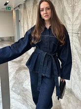 Load image into Gallery viewer, Casual Denim Jacket Pants Set Women Lace Up Lapel Pocket Single Breasted Coat Straight Jeans 2025 Spring High Street Outfit Lady