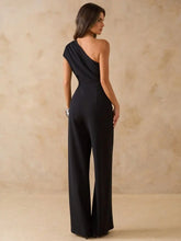 Load image into Gallery viewer, Slim Fit Stylish Slanted Shoulder Single Sleeve Waist Cinched Wide Leg Fashionable Jumpsuit