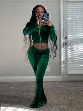 Lade das Bild in den Galerie-Viewer, Kliou Solid Velour Two Piece Set Women Simple Casual Zipper Long Sleeve Turtleneck Top+Bandage Lace Slim Female Wide Leg Pants