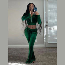 Load image into Gallery viewer, Kliou Solid Velour Two Piece Set Women Simple Casual Zipper Long Sleeve Turtleneck Top+Bandage Lace Slim Female Wide Leg Pants