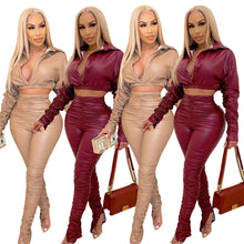 Lade das Bild in den Galerie-Viewer, Sexy PU Faux Leather Two Piece Set for Women Birthday Night Club Outfits Crop Top and Slit Stacked Pants Matching Sets Undefined