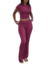 Lade das Bild in den Galerie-Viewer, Casual Workout Short Sleeve Crop High Waist Foldover Flare Pants Sets