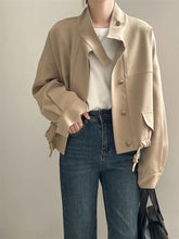 Load image into Gallery viewer, Standing Collar Short Hem Drawstring Trench Coat