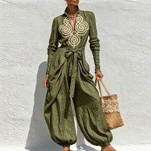Load image into Gallery viewer, Women Jumpsuit Stand Collar V‑Neck Ethnic Long Sleeve Belted Waist Harem Balloon Pants Jumpsuit