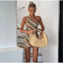 Load image into Gallery viewer, Irregular Printed Knitted Mini Dress For Women Chic Backless Slanted Shoulder Slim Fit Dresses Summer Holiday Beach Robes