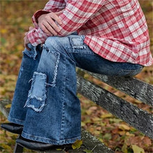 Cargar imagen en el visor de la galería, Pantalones vaqueros acampanados estilo americano con parches elásticos vintage para hombre, ropa de calle con botones y bolsillos empalmados, pantalones vaqueros casuales de uso diario para jóvenes, talla 23