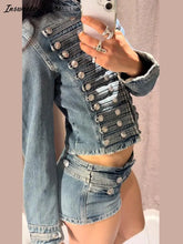 Load image into Gallery viewer, Y2K Style Denim Jacket Shorts Set Women's Stand Collar Button Long Sleeve Coats Low Waist Mini Short 2026 Summer New Lady Outfit
