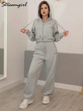 Load image into Gallery viewer, Women Tracksuits Winter Fleece Sweatsuit Brown Warm Crop Zipper Hoodies And Sweatpants Set For Women 2 Piece Velvet Pants Sets