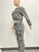Cargar imagen en el visor de la galería, Conjunto de pantalón y chándal de manga larga para mujer, con cremallera, abrigo vaquero, pantalones cargo hasta el tobillo, bolsillos, corte ajustado, 2024