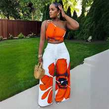 Lade das Bild in den Galerie-Viewer, Floral Print One Shoulder Crop Top and Loose Wide Leg Pants