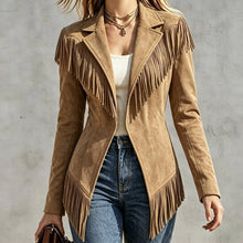 Load image into Gallery viewer, Women Faux Suede Fringe Slim Fit Turn Down Collar Long Sleeve Jacket