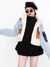 Lade das Bild in den Galerie-Viewer, Sheep Fur Turn-Down Collar Full Sleeves Denim Patchwork Spliced Coat