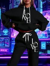 Lade das Bild in den Galerie-Viewer, Plus Size Casual Love Print Hoodie & Sweatpants Two-Piece Set