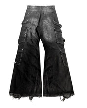 Load image into Gallery viewer, SHADOW FASHION CLOTHING black distressed denim cargo jeans with flared legs, multiple pockets, and frayed hems.
