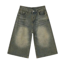 Load image into Gallery viewer, SHADOW FASHION CLOTHING loose fit men's denim shorts in a faded grey wash with a worn-out casual design.