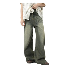 Load image into Gallery viewer, SHADOW FASHION CLOTHING men's loose-fit wide-leg denim jeans in a faded olive-green wash with a casual worn-out style.