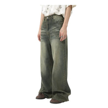 Load image into Gallery viewer, SHADOW FASHION CLOTHING men's loose-fit wide-leg denim jeans in a faded olive green wash with a casual worn-out style.