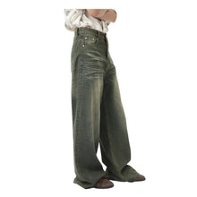 Load image into Gallery viewer, SHADOW FASHION CLOTHING men's loose wide-leg denim jeans in a faded olive green wash with a casual worn-out design.