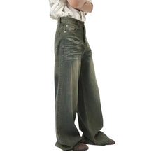 Load image into Gallery viewer, SHADOW FASHION CLOTHING men's loose wide-leg denim jeans in a faded olive green wash with a casual worn-out design.